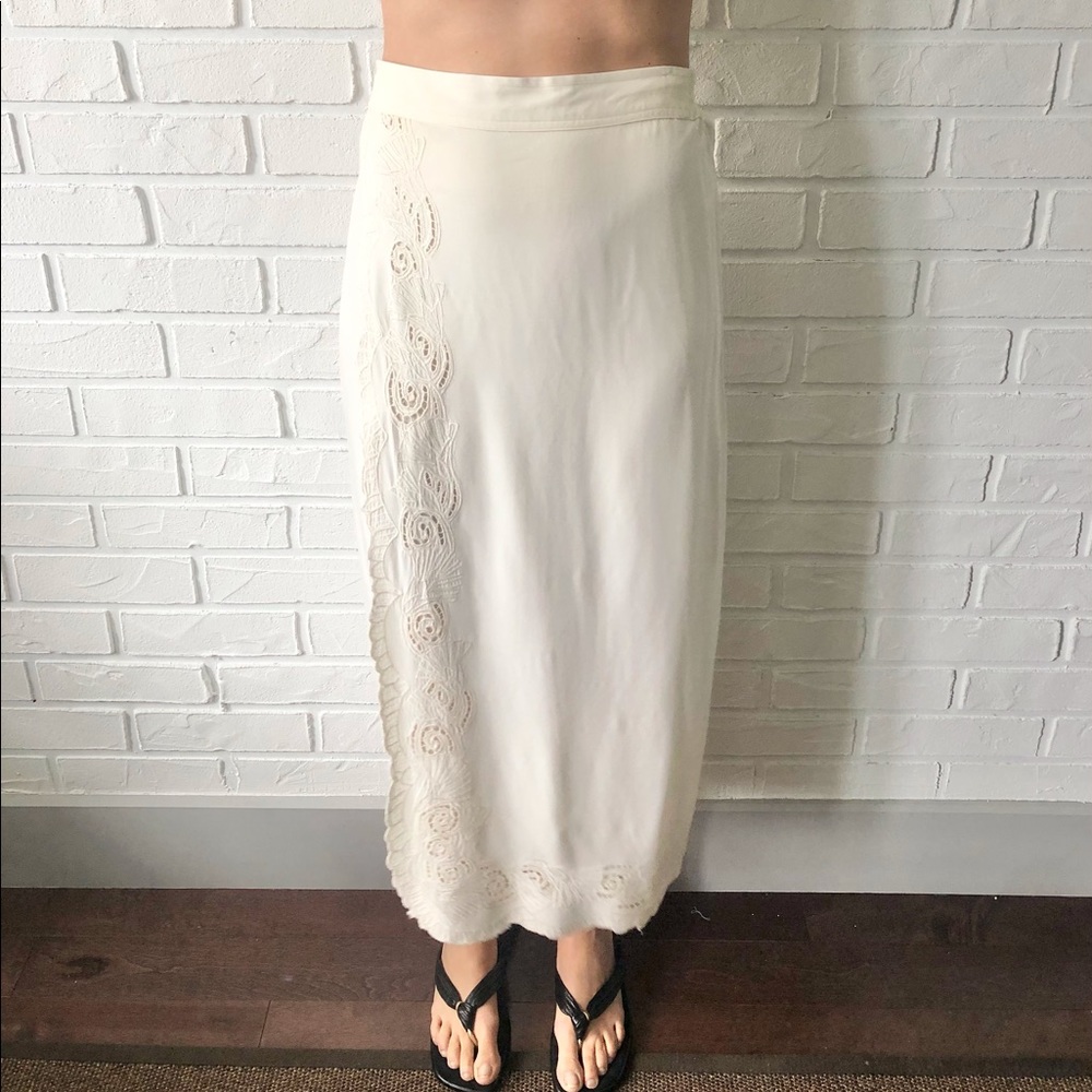 Embroidered ivory high waist rayon maxi wrap skirt
